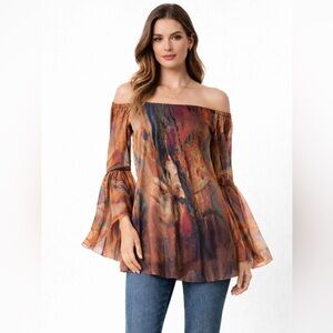 Elana Kattan Sheer Mesh Off Shoulder Bell Sleeve Art Print Boho Top Medium